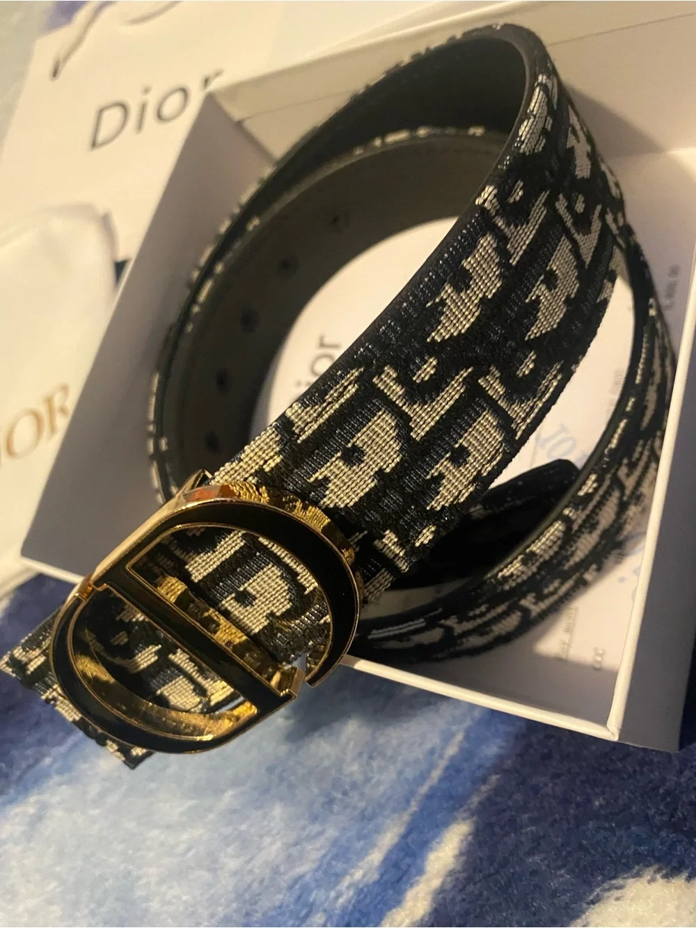 Dior Black & Blue Monogram Canvas Belt with Gold 'CD' Buckle